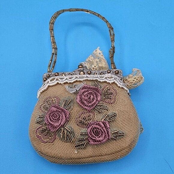 1990s Victorian Purse Ornaments Purple Roses Lace Tulle Beaded Handles Christmas - Picture 6 of 11
